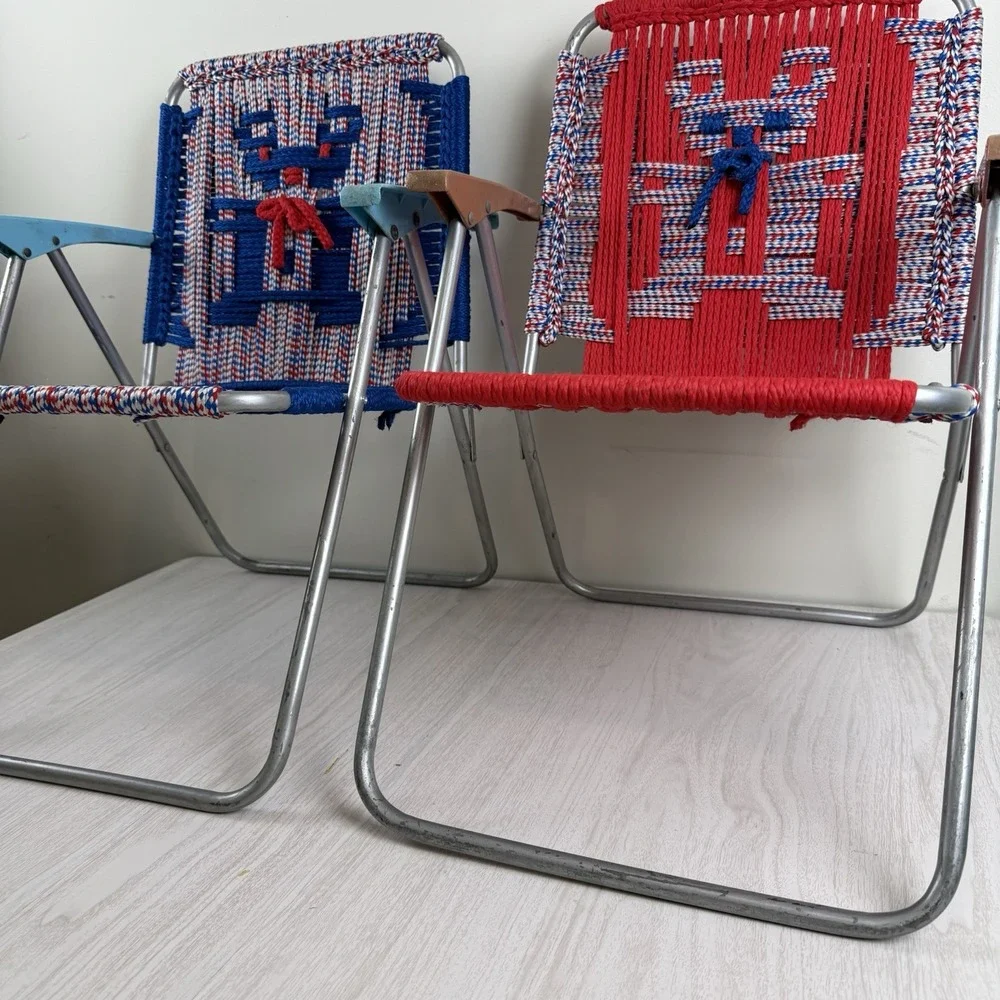 Vtg Set 2 Aluminum Folding Lawn Chair Child Sz Macrame Weave Woven Chair Match